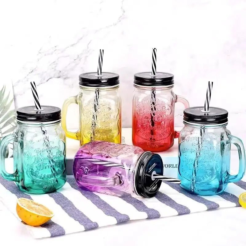 DD1843 16 oz Clear Drinking Glasses Cups with Handles Lid Straw for Iced Coffee Tea & Smoothies for Parties Glass Mason Jars