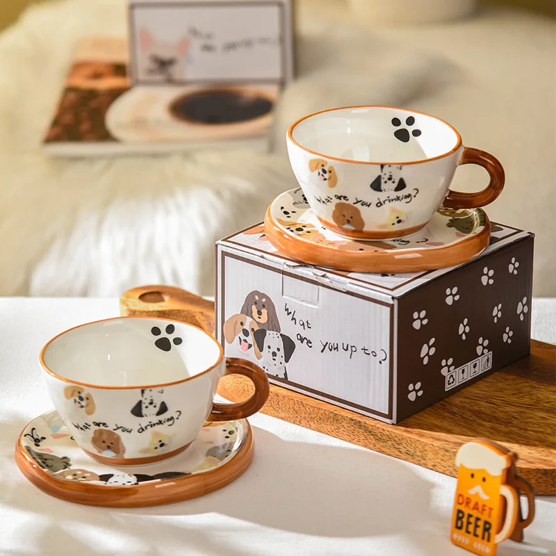 Lelyi ins style home caramel puppy coffee mug creative high-value hand-painted cartoon ceramic cup saucer