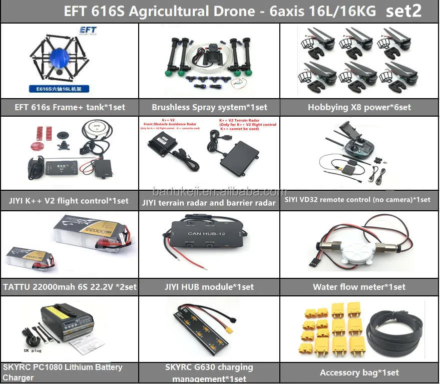 EFT E616S 6-axis 16KG 16L agricultural spraying drone frame K++ V2 flight control with radar T12 remote camera TATTU battery  x8
