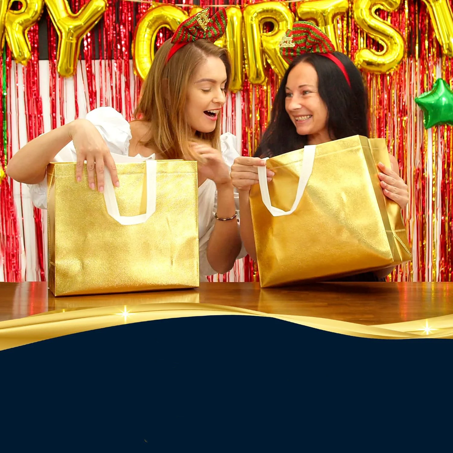Hot Christmas Gift Candy Birthday Party Reusable Men Women Tote Metallic Large Golden Non-Woven Bag