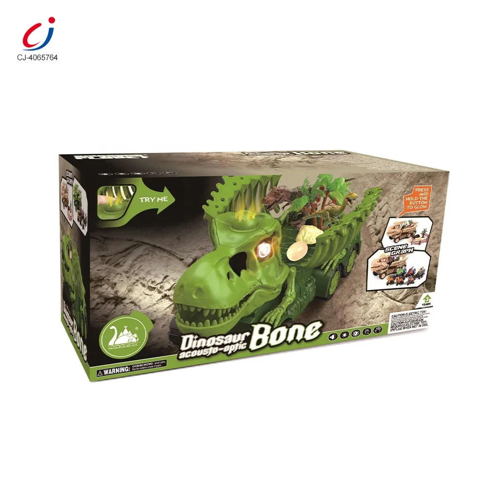 Chengji wholesale portable dinosaur inertia dino truck toy bone shape car dinosaur transport truck play set with light and sound