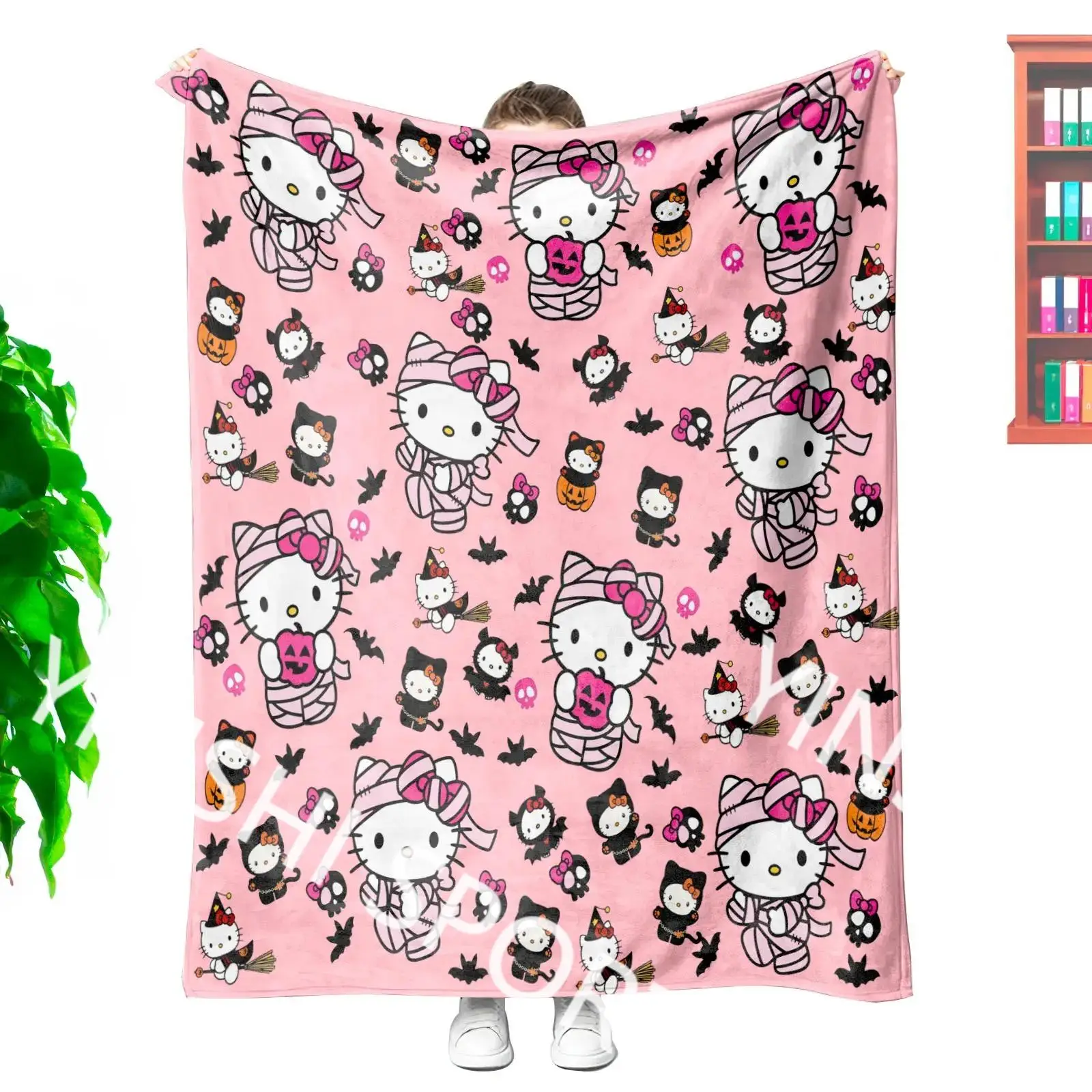YINSHI 340 Grams Wholesales Customization Printed Halloween Kids Cartoon Kawaii Hk Kt cat Mummy King Size Cozy Throw Blankets