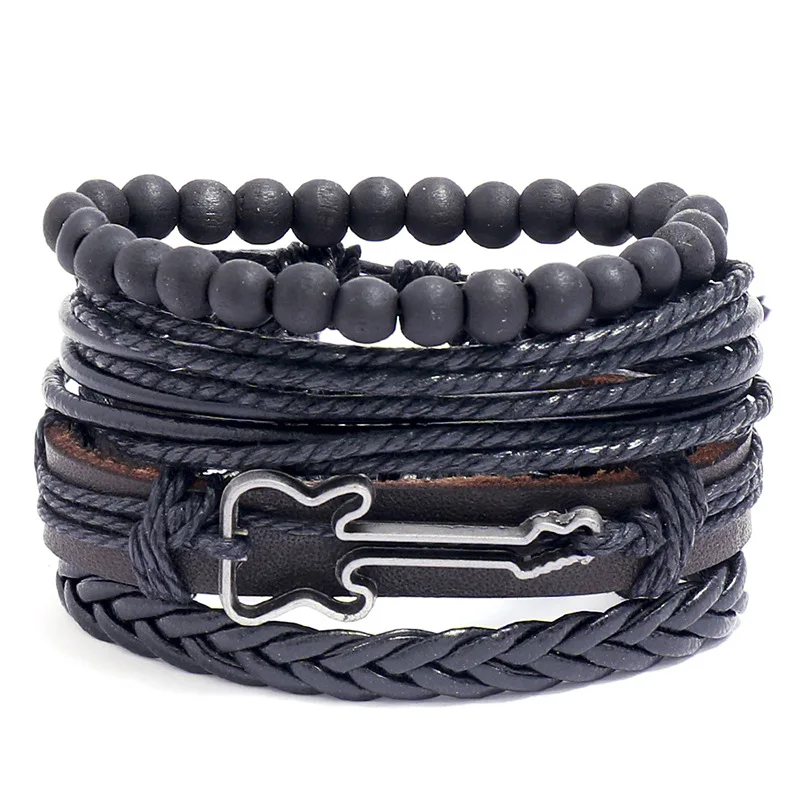 New Popular Vintage Cowhide Bracelet Alloy Guitar Pendants Mens Bangle Handmade Knitted Leather Bracelet Wholesale