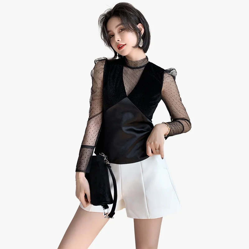 Женская блузка в горошек, привлекательная сетчатая блузка в складку, новая офисная рубашка на лето 2020