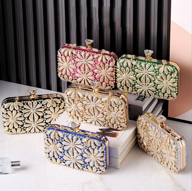 Hot selling luxury handbags inlaid banquet bag gold evening clutch bags silver elegant shiny rhinestone chain shoulder bag