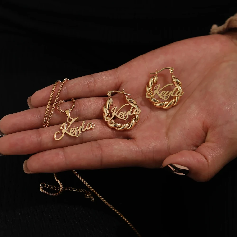 Stainless Steel Personalized Customized Name 18mm Hoop Earrings Kid Custom Name Jewelry  wholesale stainless steel jewelry set