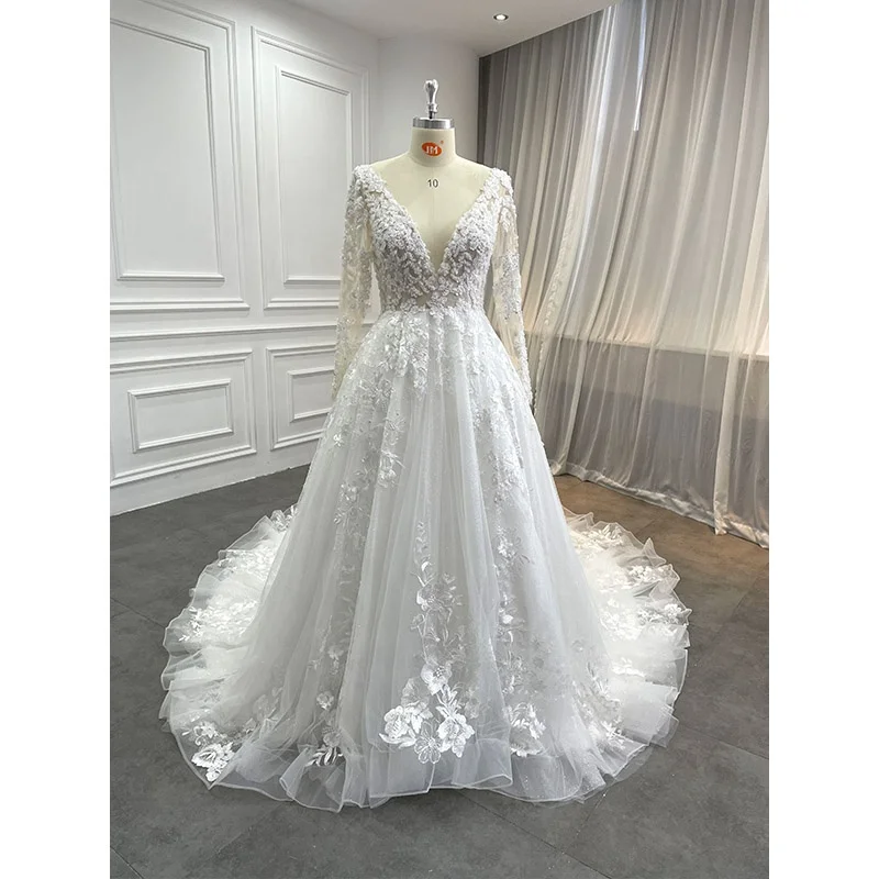European Long Sleeve Bridal Gown Vestidos De Novia Modest Wed Dress Classic Sparkle Beaded Lace Wedding Dresses