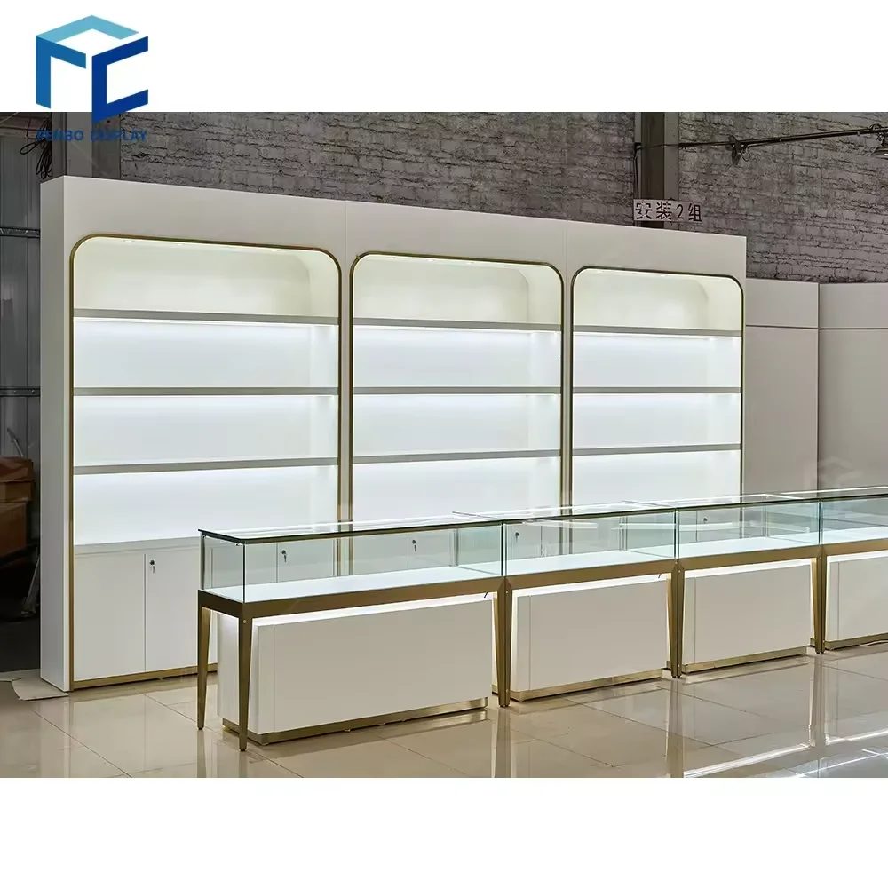 Led Lighting White Gold Jewelry Shop Display Cabinet Modern Mdf Jewelry Showcase Display Cabinet For Shopping Mall