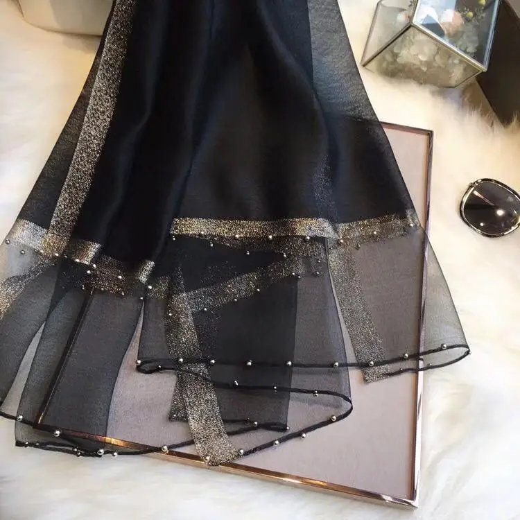 Шелковый шарф, Женская Классическая шелковая шифоновая шаль из Пномпеня, шаль с бусинами для ногтей, шелковый шарф, марлевый шарф, весна и осень