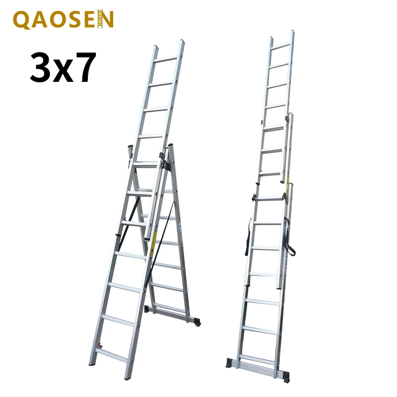 3 Section Extension Ladder Aluminum Silver Multipurpose 7 Steps  Work Stairs