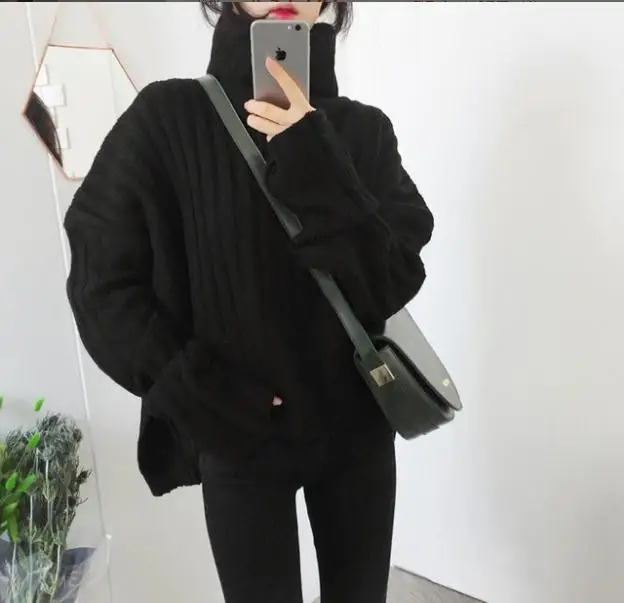 2021 autumn and winter new Korean wild loose pit stripe large split fork turtleneck sweater coat sweater