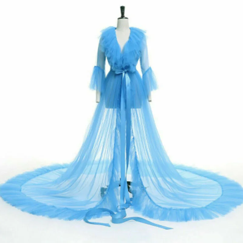 China Sheer Mesh Tulle Perspective V neck layered Ruffles Maxi Floor Long Bath Robe  Sleepwear Dresses