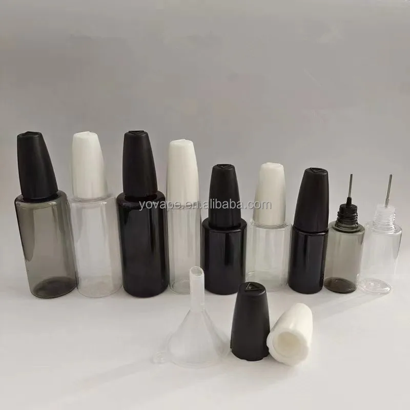 Hot sale squeezable 10ml 15ml 20ml 30ml child proof clear PET stainless steel 304 metal CRC cap needle tip nose plastic bottle