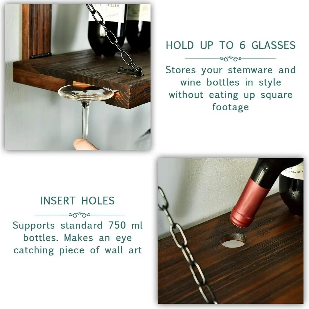 Wall Mounted Wine Rack with Glass Holder  Floating Wine Shelf for Kitchen Rustic Pine Wood