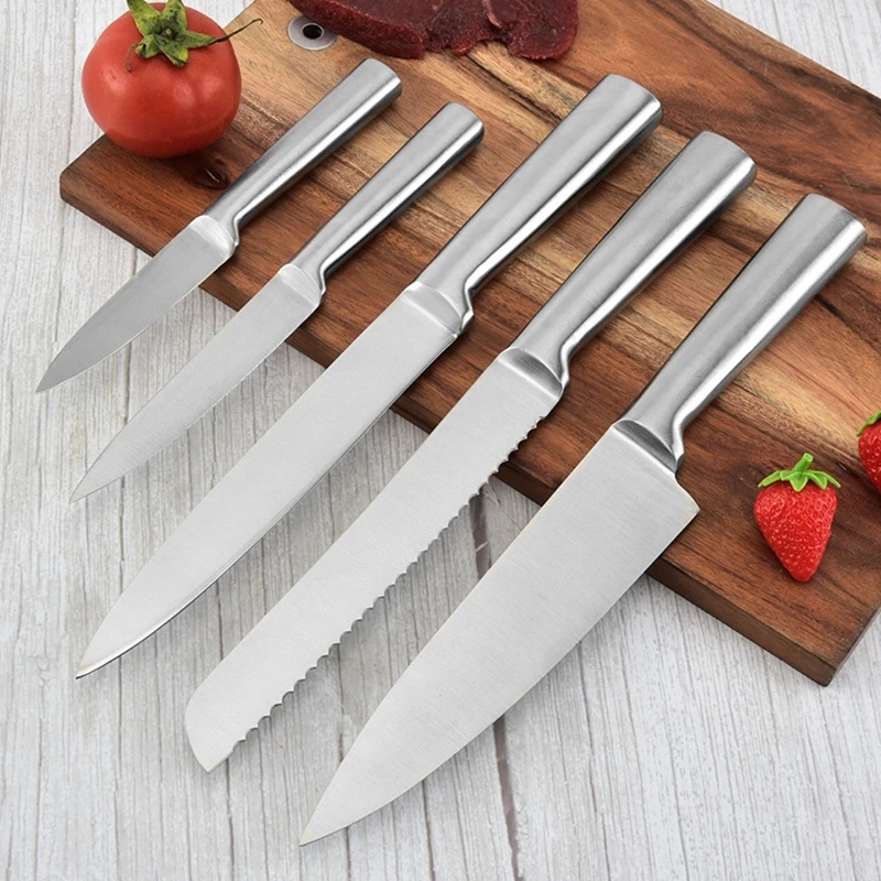 14 Pieces Stainless Steel Cutlery Kitchen Knife Set with Wooden Block and Hollow Handle Self Sharpening Knife Block Set