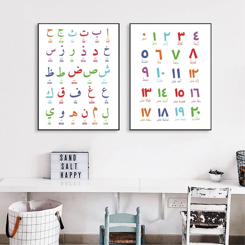 Arabic Letters Alphabets Numerals Poster Prints Nursery Arabic Islamic Wall Art Canvas Painting For Kids Room