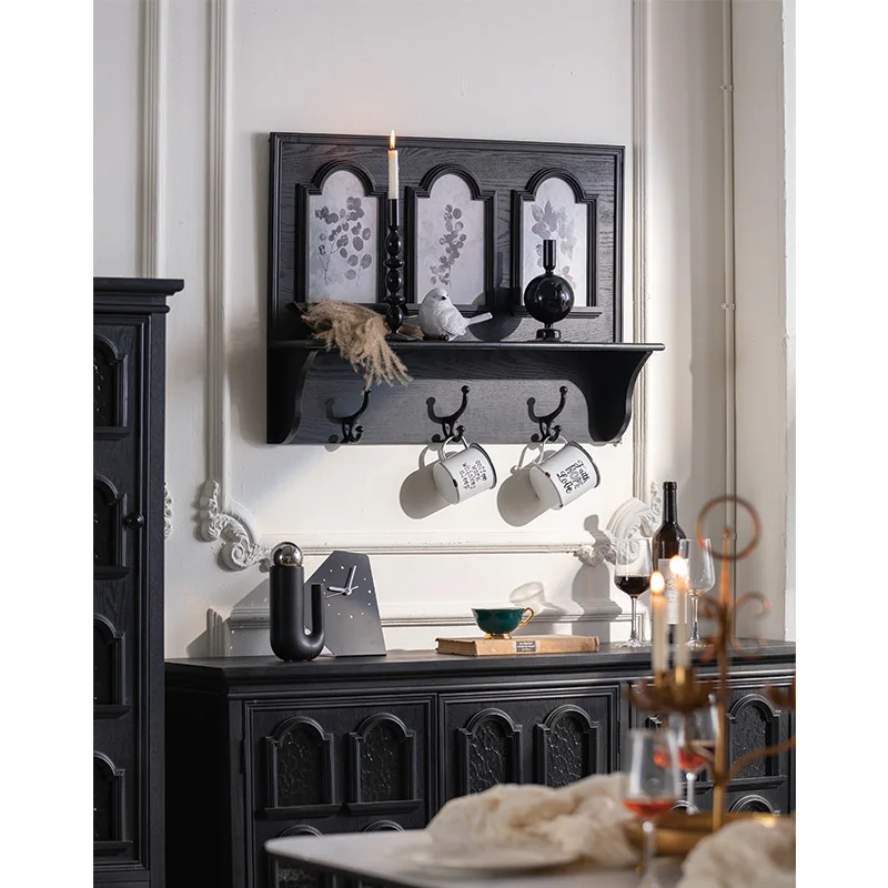 Hot Sale French Style Black Wood Display Wall Shelf Wall Mounted Decorative Wall Shelf With Hook for home and display