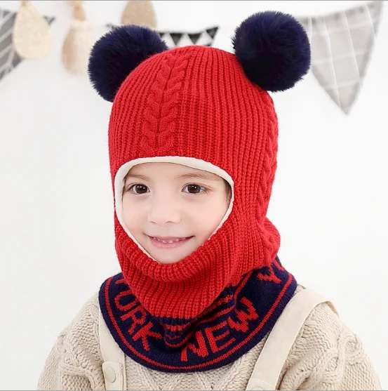 Thick Beanie Warm Winter Hat Kids Children Knitted Hooded Scarf Knit Letter Pom Pom Earflap Hat Cap Scarves Child Accessories