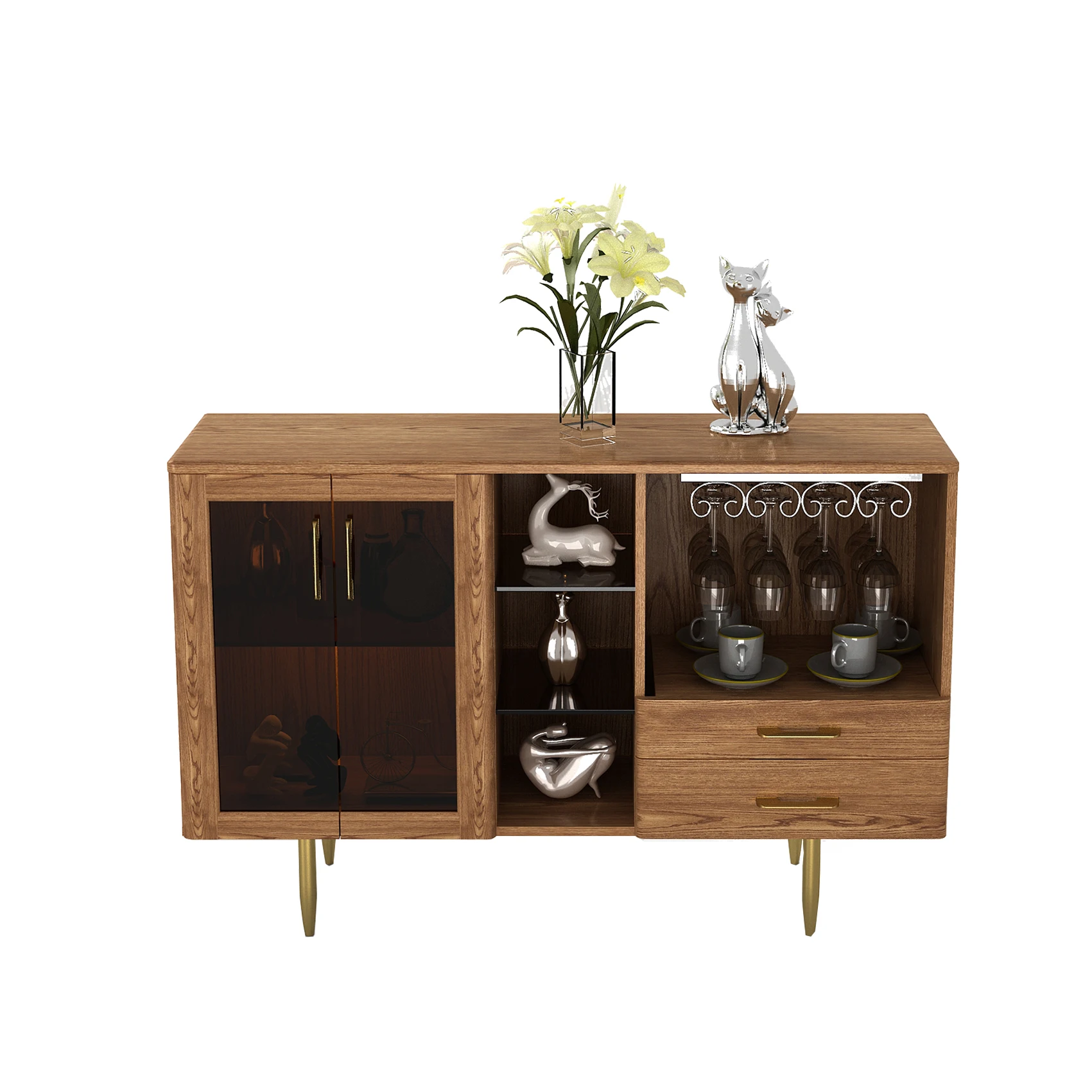 Multifunctional Solid Wood Storage Classic Sideboard Cabinet glass 2-door Wooden Buffet/ Dining Room Storage Cabinet