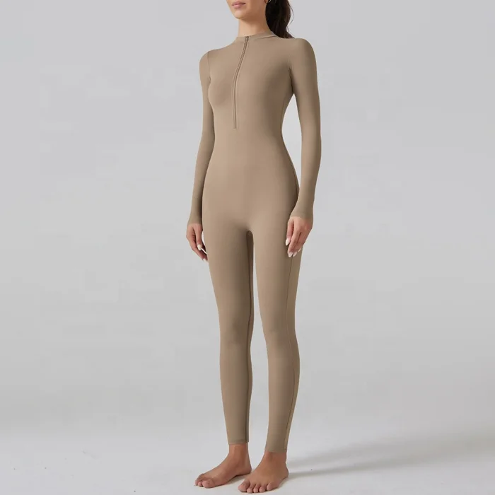 Women One Piece Yoga Gym Fitness Rompers Workout Jumpsuit femme Long Sleeve Zip Front Bodycon Clothes Sport Leggings Bodysuit