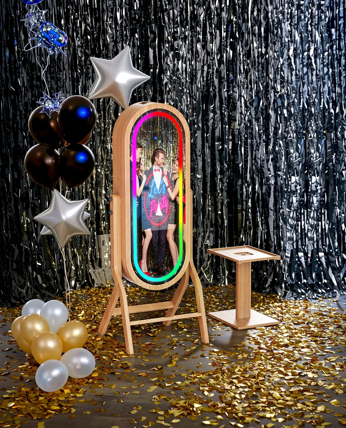 2025 Newest Wooden Mirror Photo Booth Selfie Digital Portable Touch Screen Oval Wood Magic Mirror PhotoBooth Machine