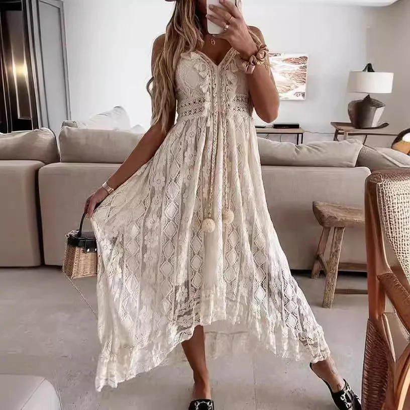 2024 summer new boho sexy maxi dresses sundress plus size slip white lace dress women elegant