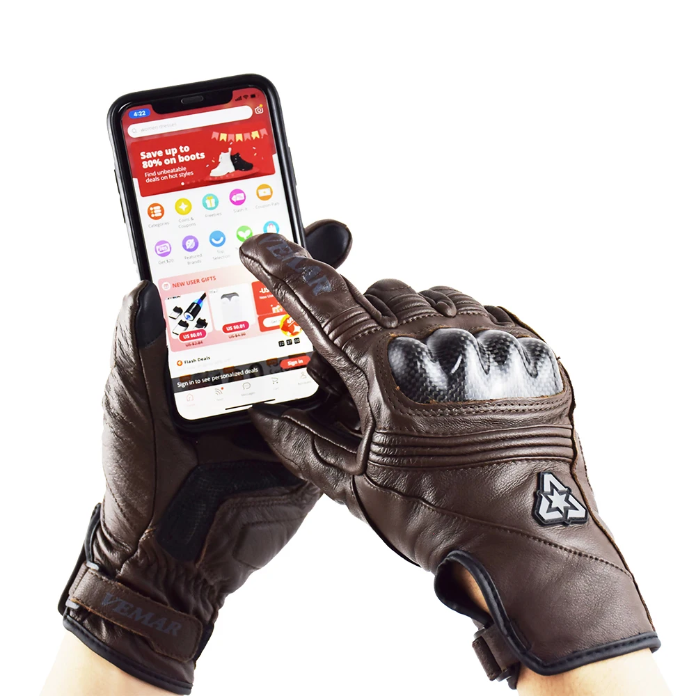 Vemar Retro Men Genuine Leather Motorcycle Motorbike Motocross Gloves Carbon Fiber Outdoor Riding Protective Moto Glove Brown
