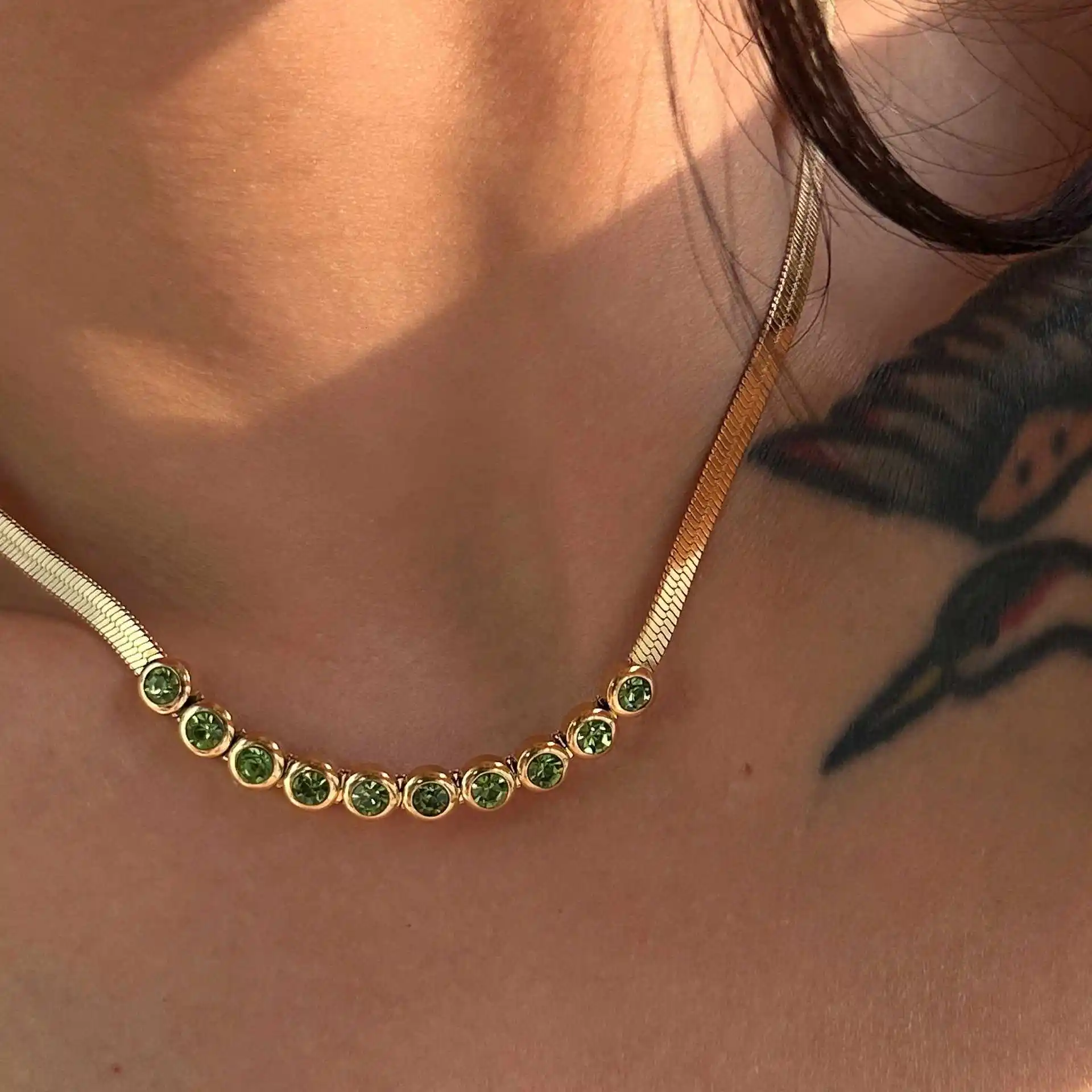 Spanish Niche Design Full Green Zircon Stainless Steel Blade Chain Choker 18K PVD Gold Plated Luxury Retro Snake Chain Necklace