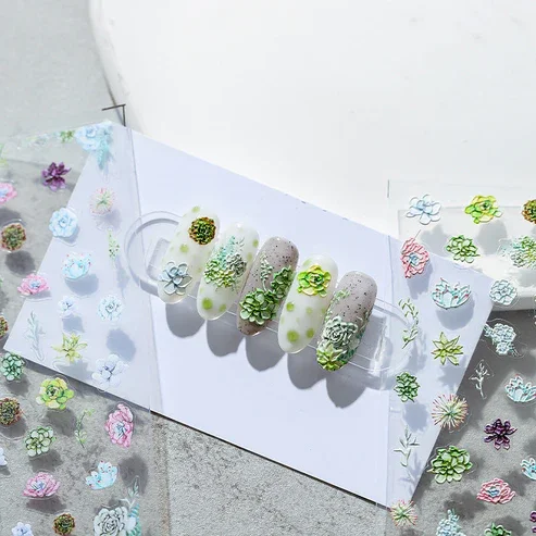 Spring Autumn 5d Engraved Nail Stickers Green Flower Nail Design Embossed Acrylic Nail Slider Gel Polish Decals