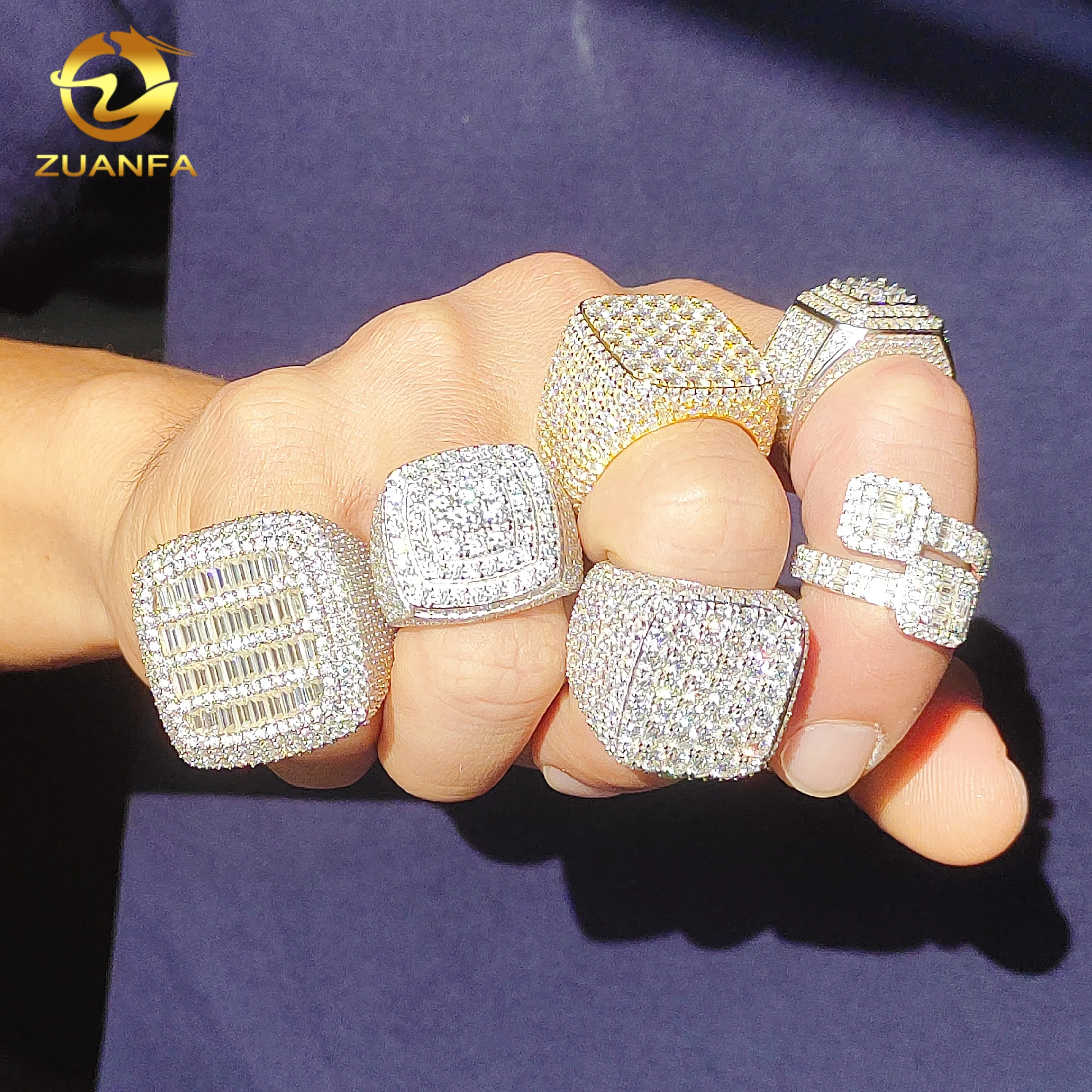 Iced out fashion jewelry men hip hop engagement moissanite rings 925 silver square shape baguette moissanite diamond rings