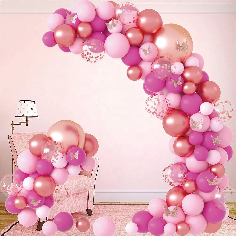 Pink Balloon Garland Arch Kit Butterfly Stickers Hot Pink Latex Balloons for Birthday Wedding Party Baby Shower Decorations