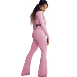 Осень 2021 модные повседневные сексуальные однотонные женские тонкие расклешенные брюки с ворсом, футболка с длинными рукавами, комплект из двух предметов