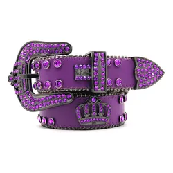 New Arrival Royal Crown Buckle PU Rhinestone Belt Punk Studded Purple Diamond Woman Belts