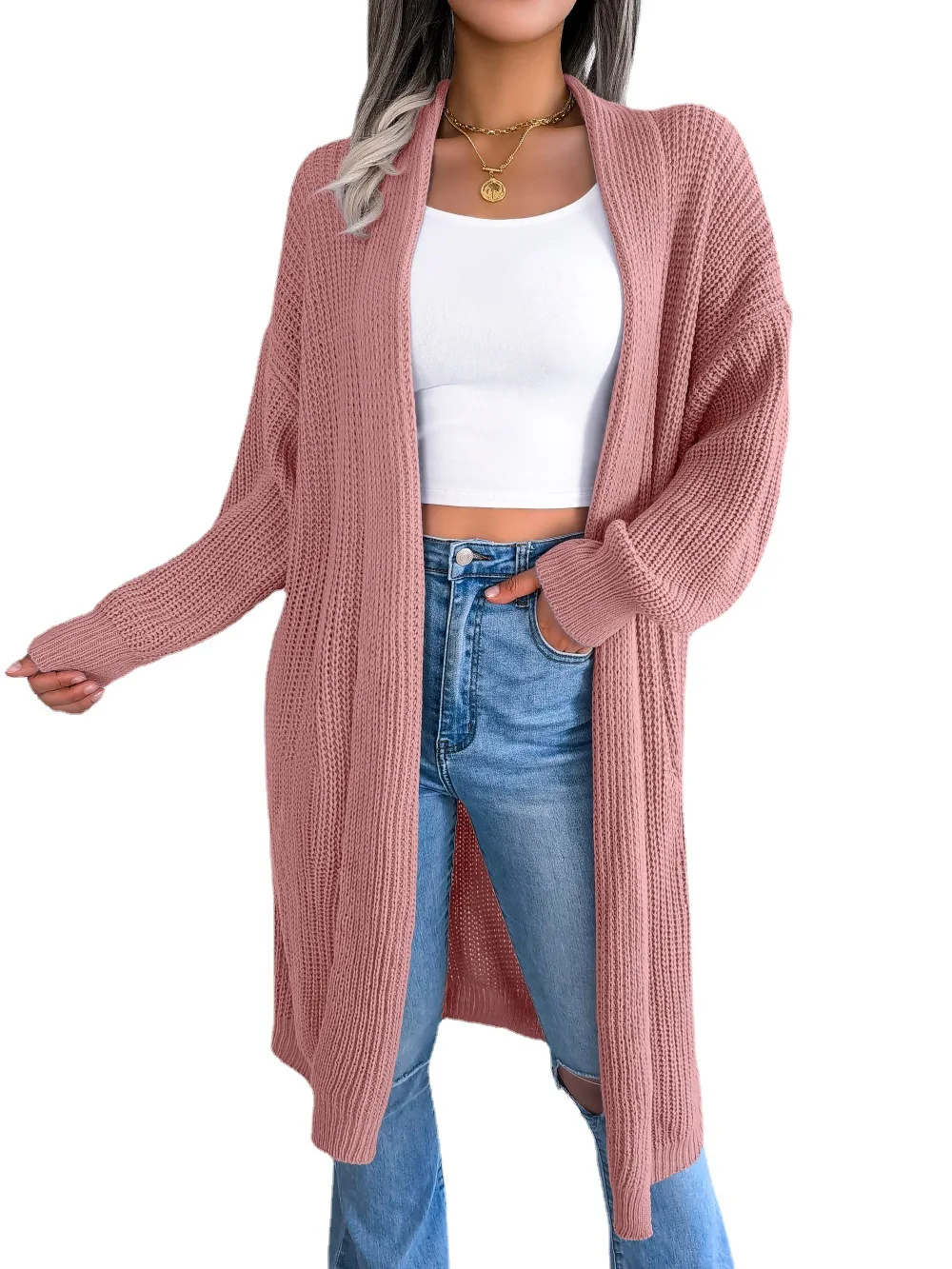2023 Wholesale Women Sweater long sleeve cardigan  thick sweater loose knit cardigan