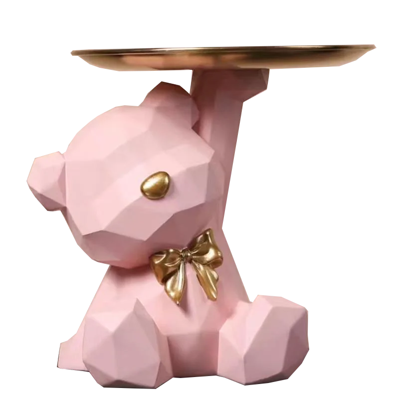 TOP PICK RESIN CREATIVE GEOMETRIC CUTE LOVELY MINI BEAR WITH METAL TRAY PLATE HOUSE TABLETOP WINDOW DECORATIVE STATUE HOLDER TOY