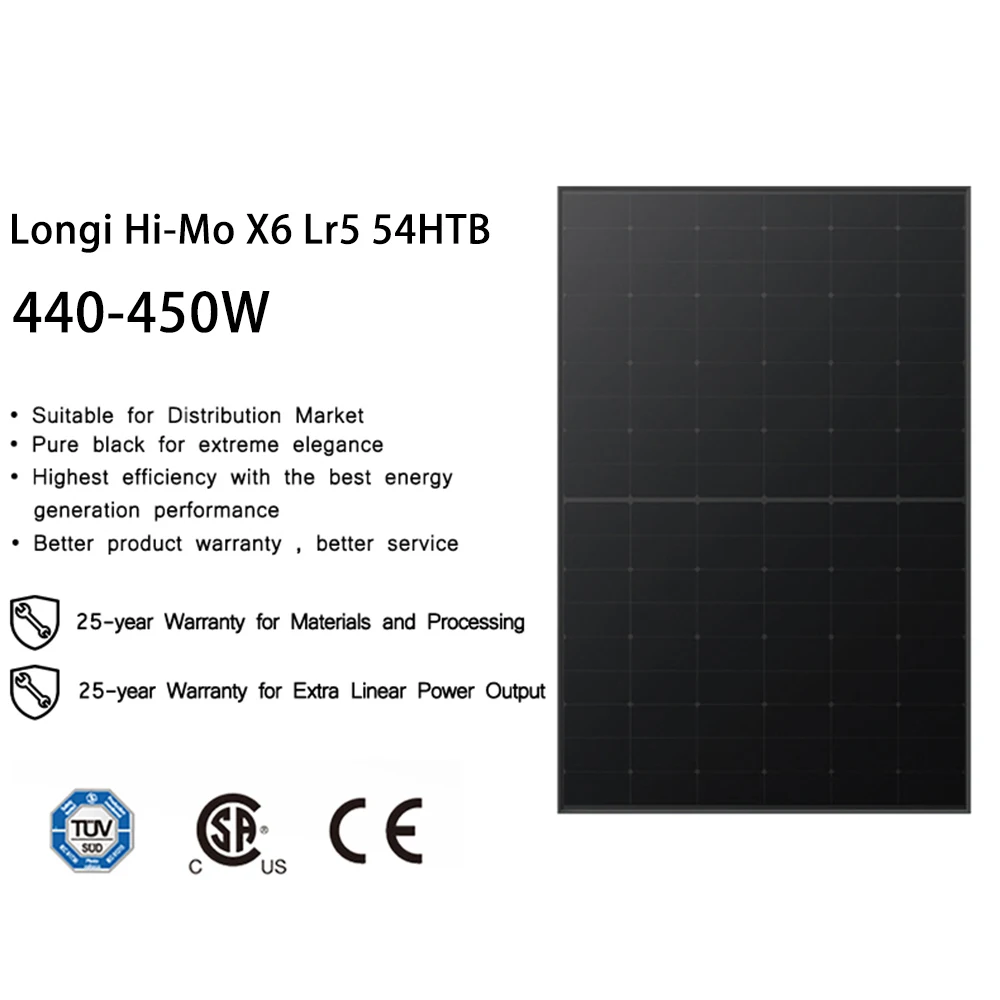 Longi Hi-mo X6 Scientist LR5-54HTB-450M All Black Hpbc Solar Panel 435w 440w 445w 450w