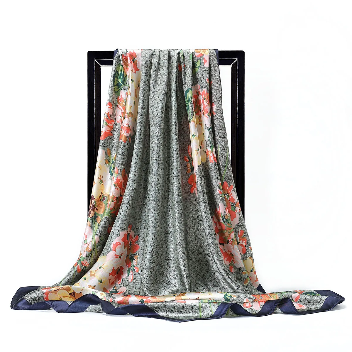 Newest Geranium Floral square 100% Polyester dubai muslim satin hijab scarf for women stylish