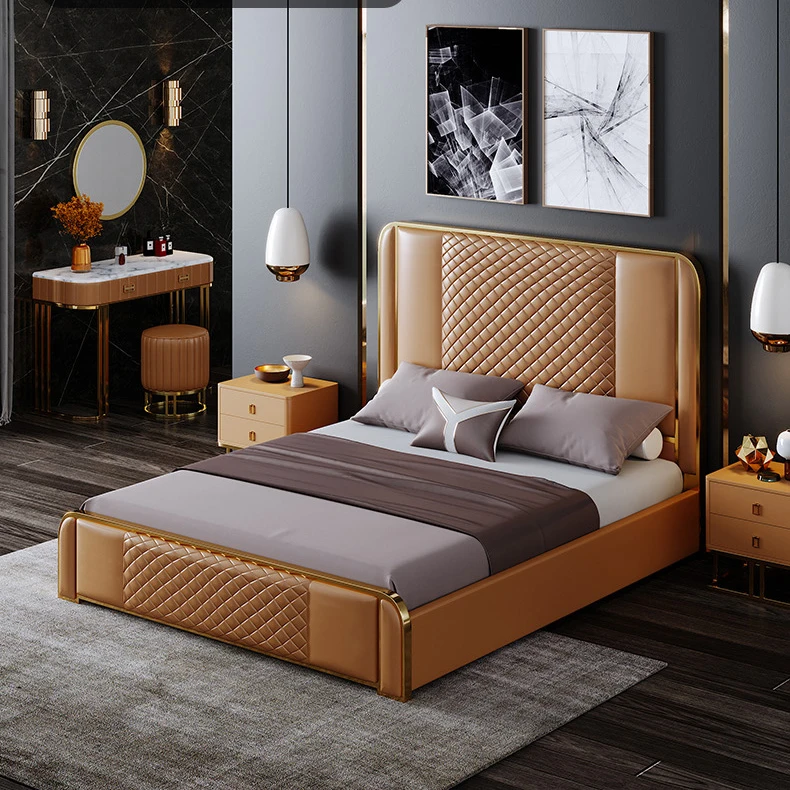 Luxury Modern High quality leather bed set with Metal frame for bedroom furniture