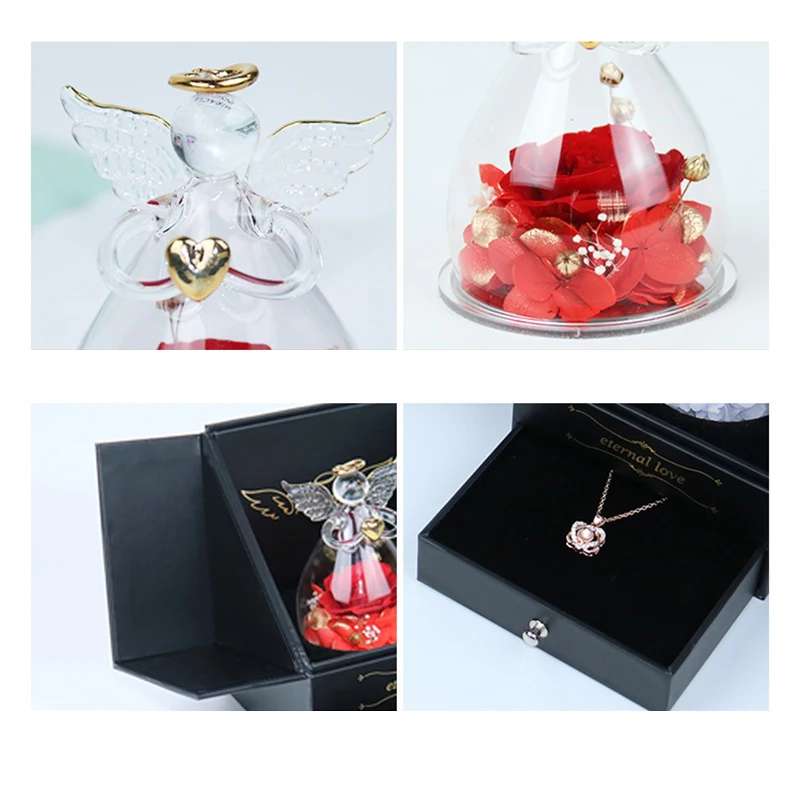 Mothers Day Gifts Double-Open Jewelry Gift Box Eluxury Ternal Rose Jewelry Box Angel Preserved Rose In Glass Dome for Women