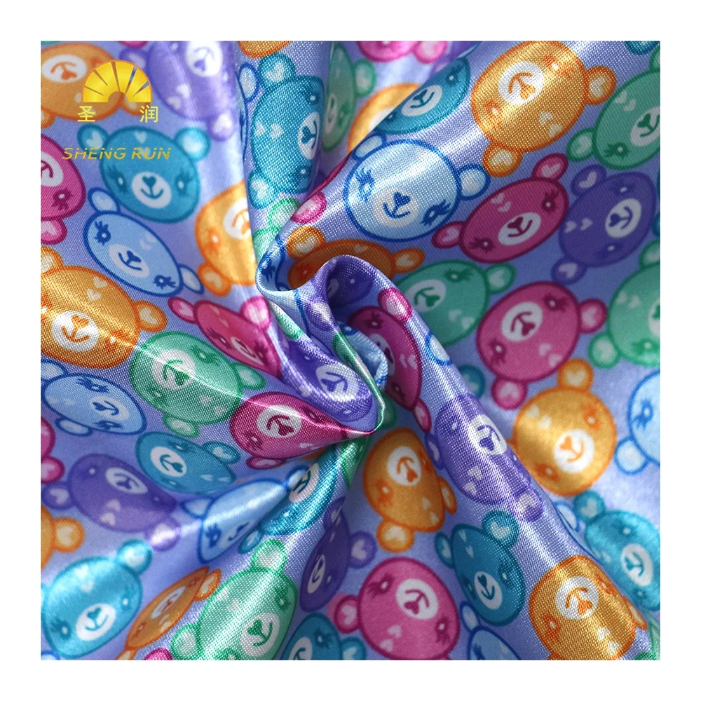 No MOQ Custom Printed Color Cartoon Bear Polyester Satin Pajamas Fabric