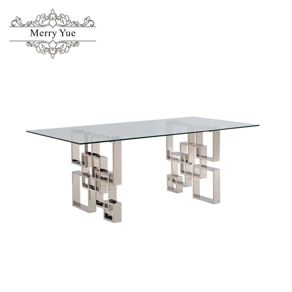 
stainless steel strong base clear tempered glass top rectangle dining table 