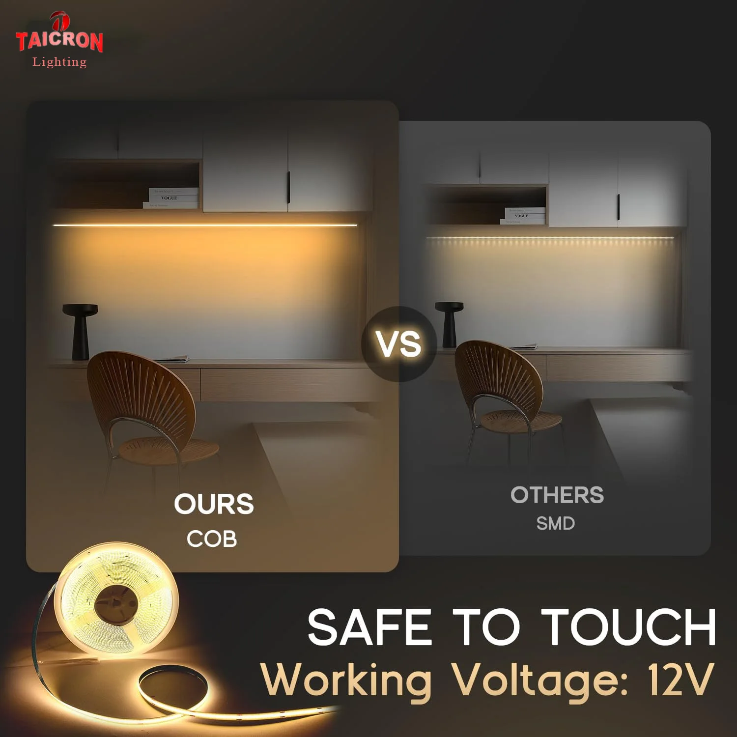 Warm White 32.8ft 3000K 24V Premium High Density 3200LEDs Ra 90+ 12W/M UL Listed for Cabinets Shelves COB RGB LED Strip