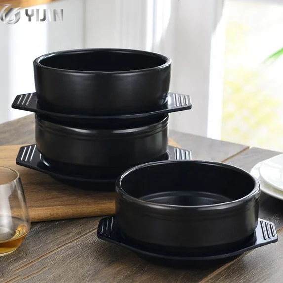 Wholesale black ceramic soup pots dolsot bibimbap ramen casserole stone bowl with tray