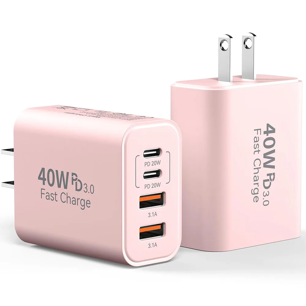 2UCB C 2Pack 40W 4-Port C Charger Fast Charging Block PD Power Adapter +QC 3.0 USB A Wall Plug Multiport Type C Box Cube