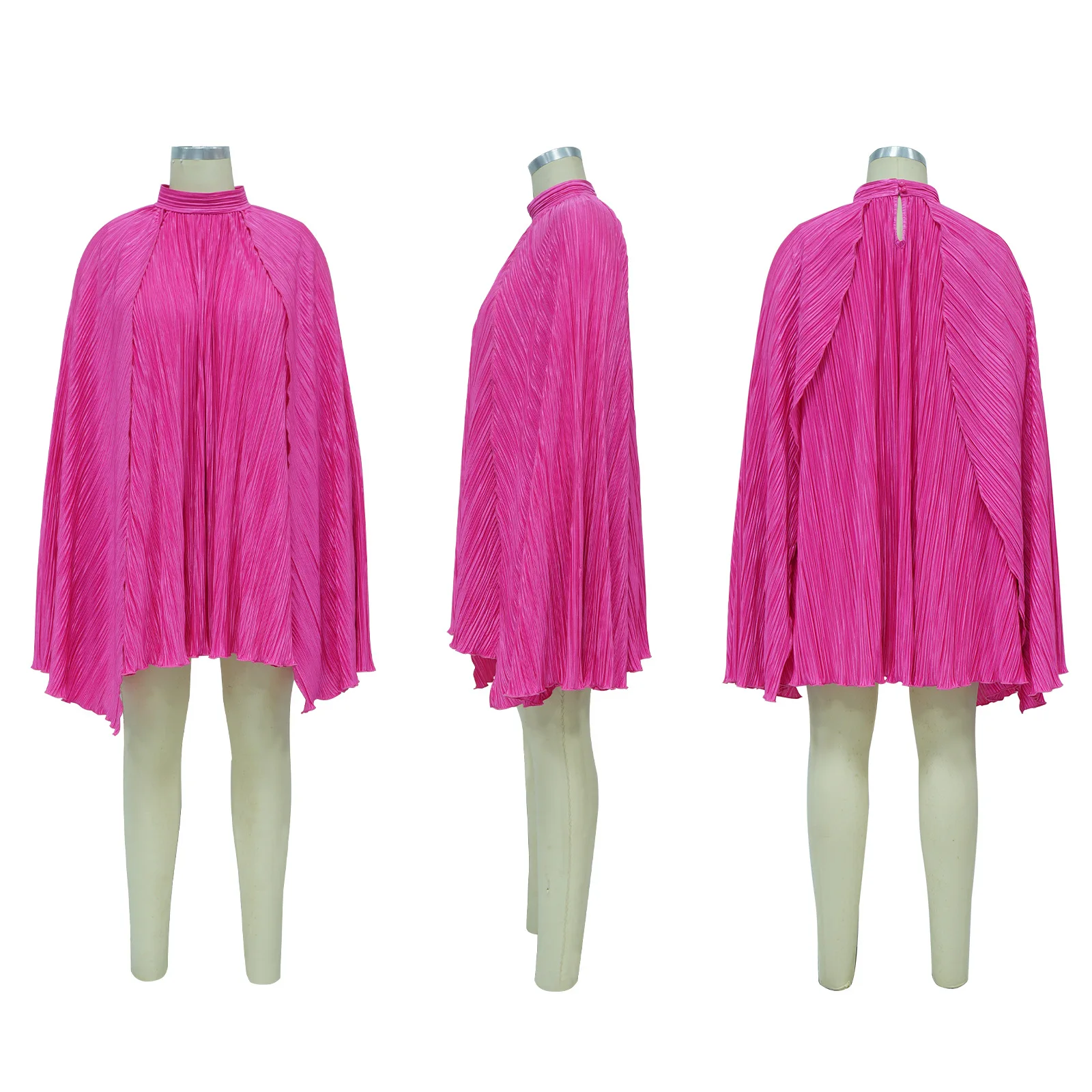 QuiteS 2024 New Solid Color Pleated Cape Sleeve Dress Women Party Dresses Long Evening Elegant