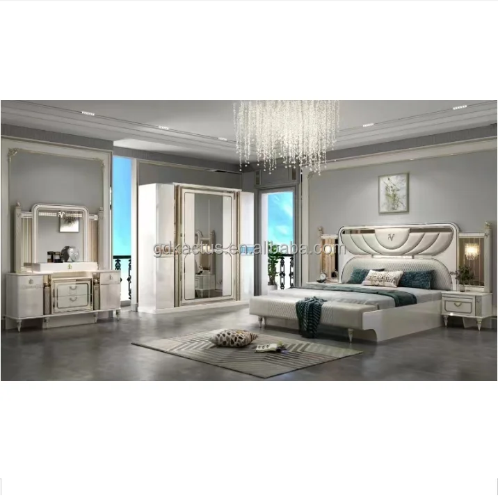 2024 new luxury modern mirrored beautiful romantic elegant king size bedroom furniture set high gloss beige bedroom sets