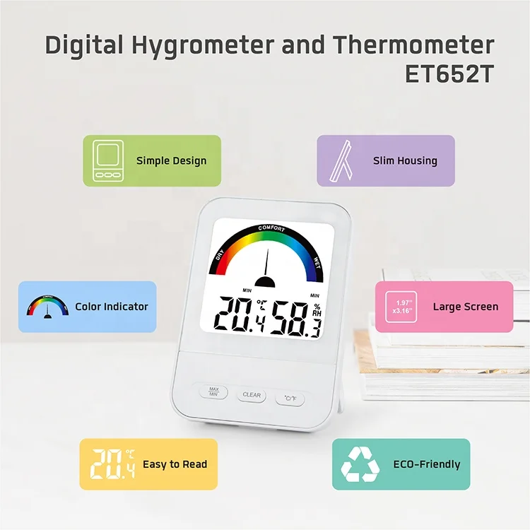 Home LCD display thermometer Hygrometer with alarm clock Large screen in  Color Display ET652T