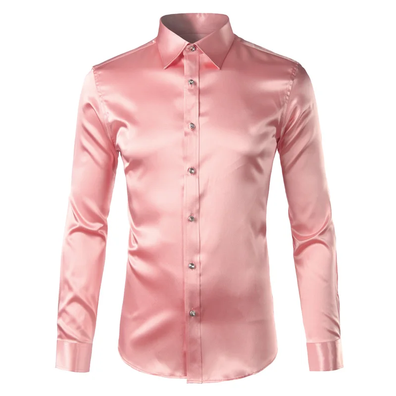Custom Satin Silk Men  Fashion Long Sleeve Mens Slim Tuxedo Shirts Casual  Button Down Dress Shirts
