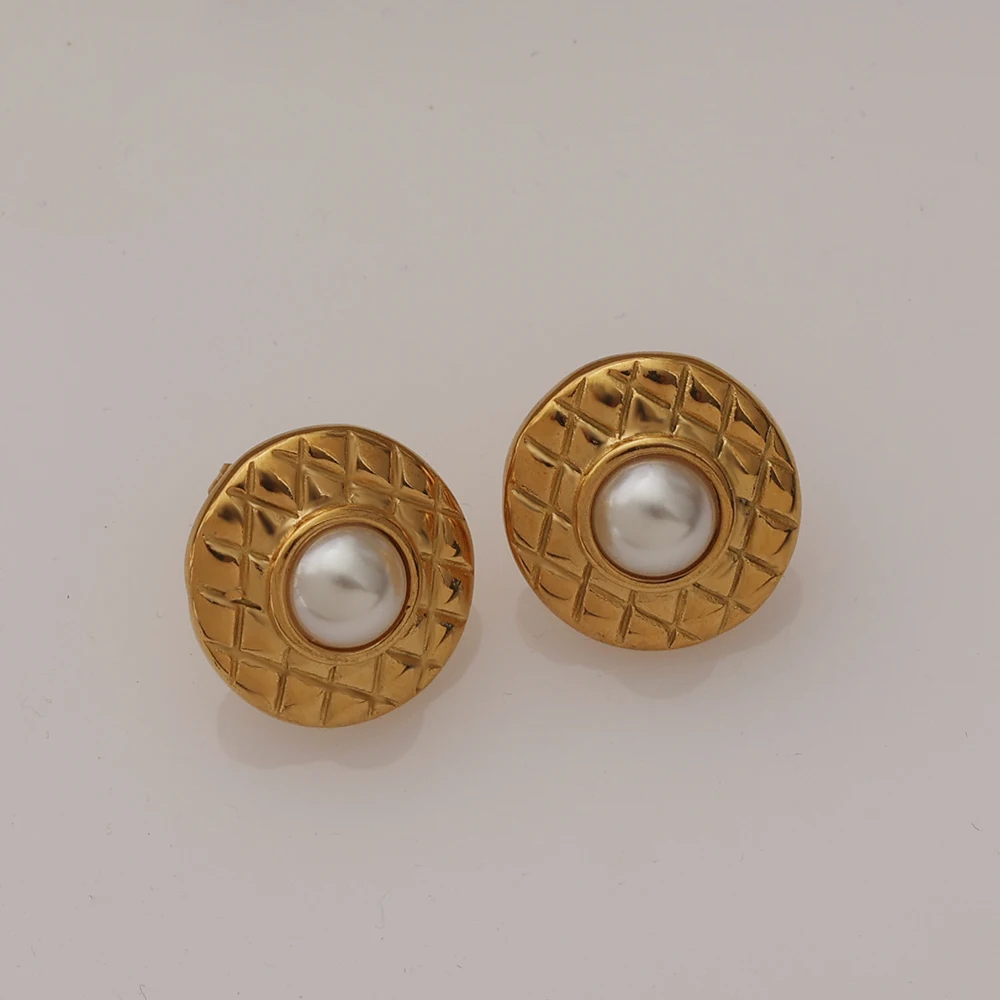 Mingxi Jewelry Fashion Waterproof Stainless Steel 18k Gold Plated Round Pearl Rhombus Inlaid Pearl Earrings