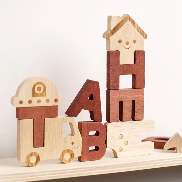 HOYE CRAFTS Creative alphabet letter blocks shape matching toy wooden cartoon stacking blocks